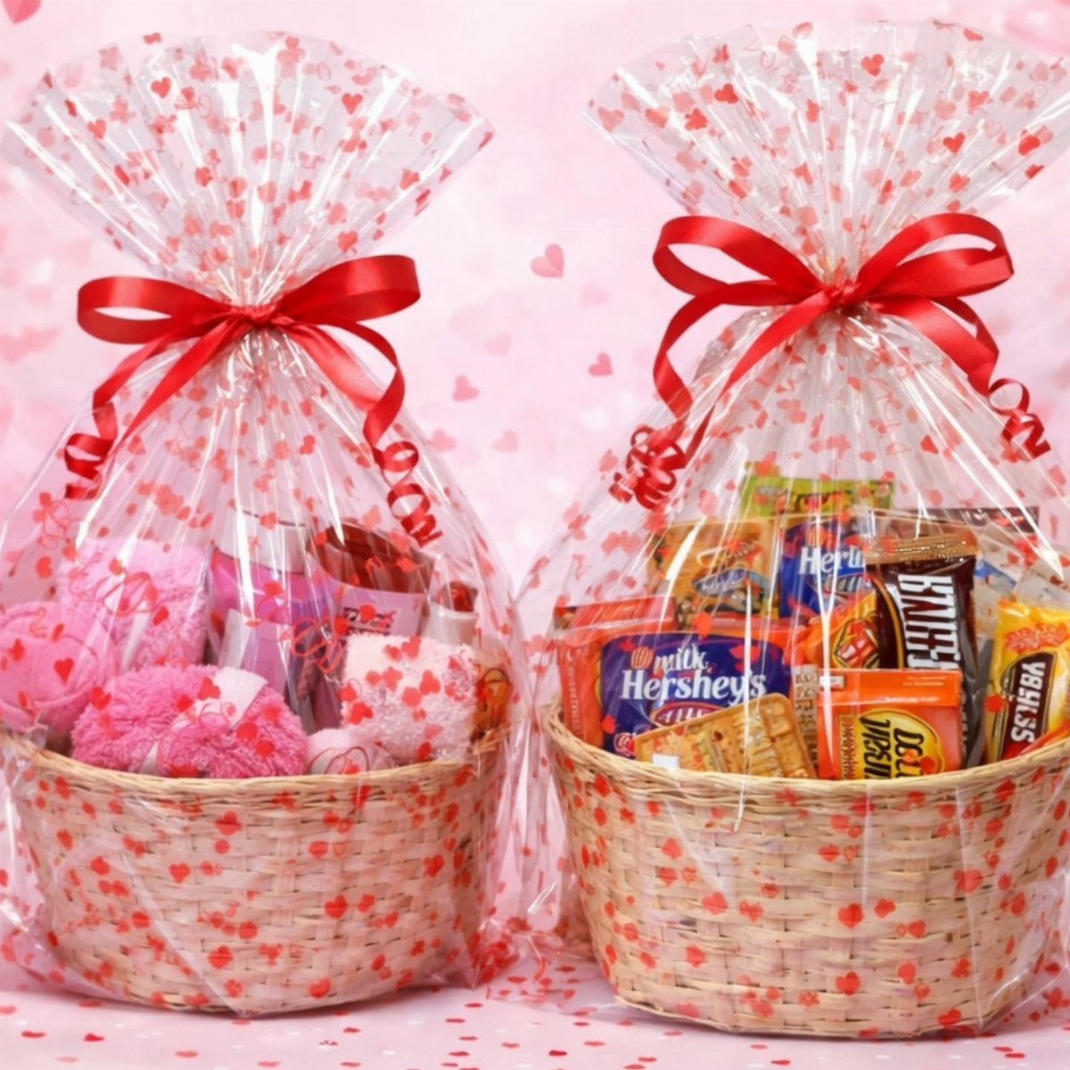 Two wicker gift baskets wrapped in heart-patterned cellophane with red ribbon bows.