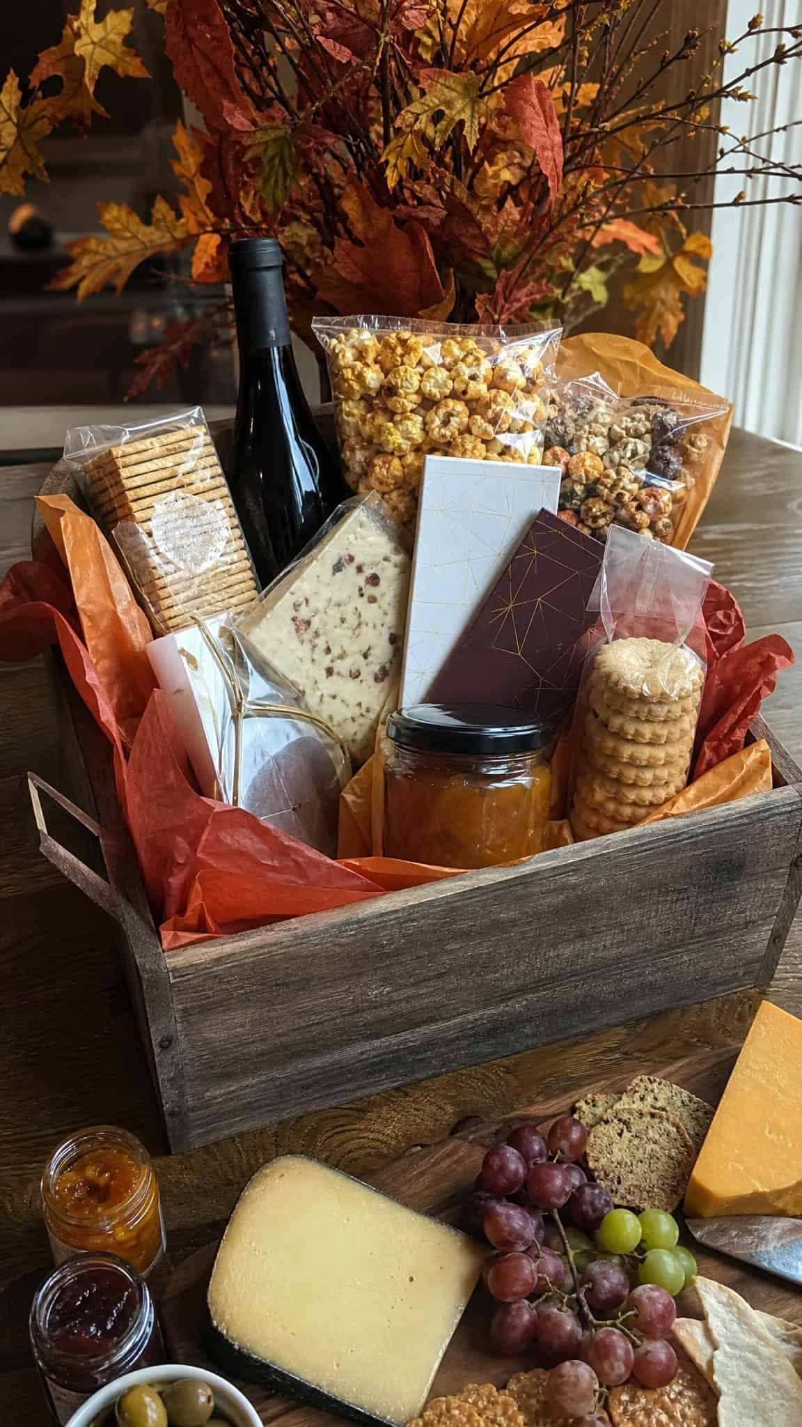 Wooden gift crate filled with wine, gourmet snacks, and cheese with charcuterie board.