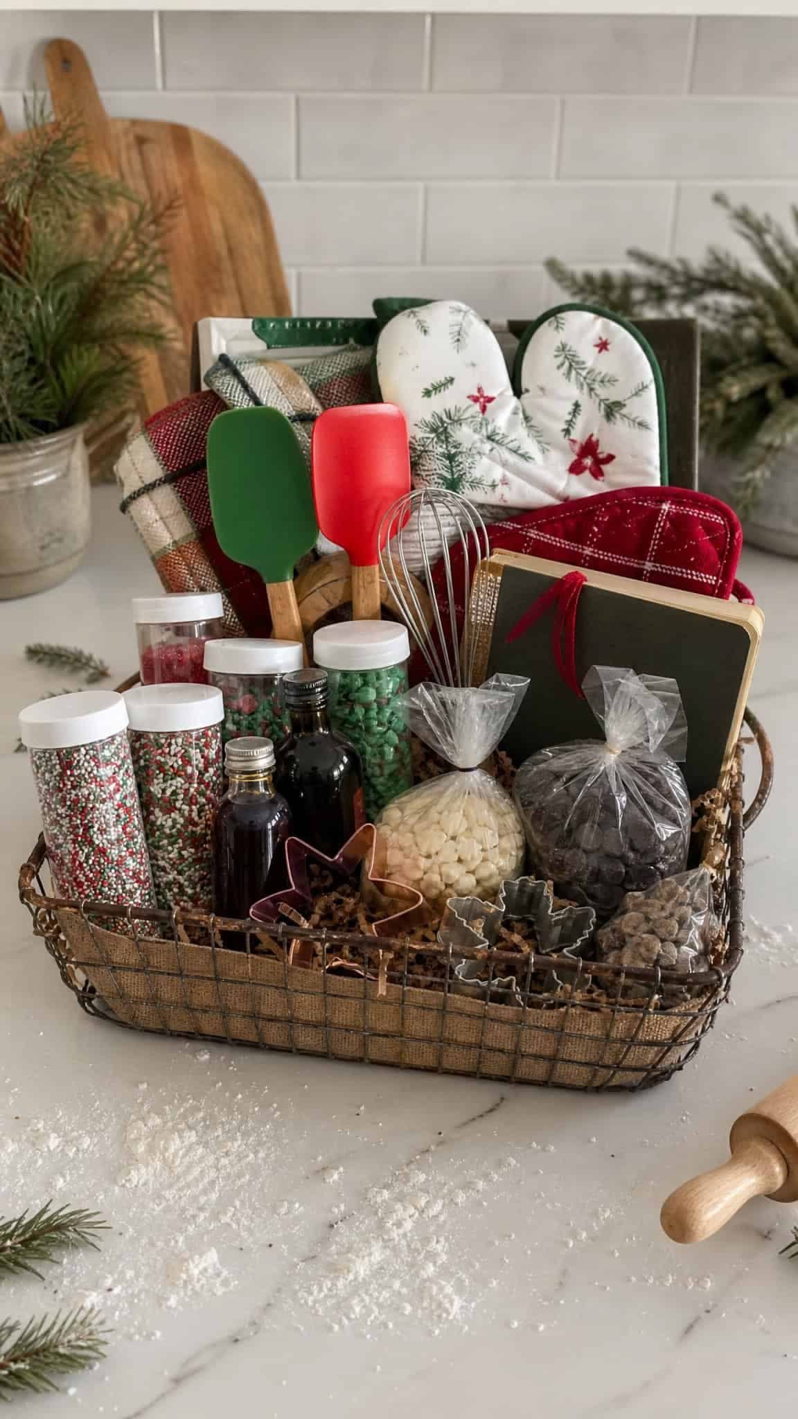 Wicker gift basket filled with baking tools, sprinkles, and oven mitts on marble.