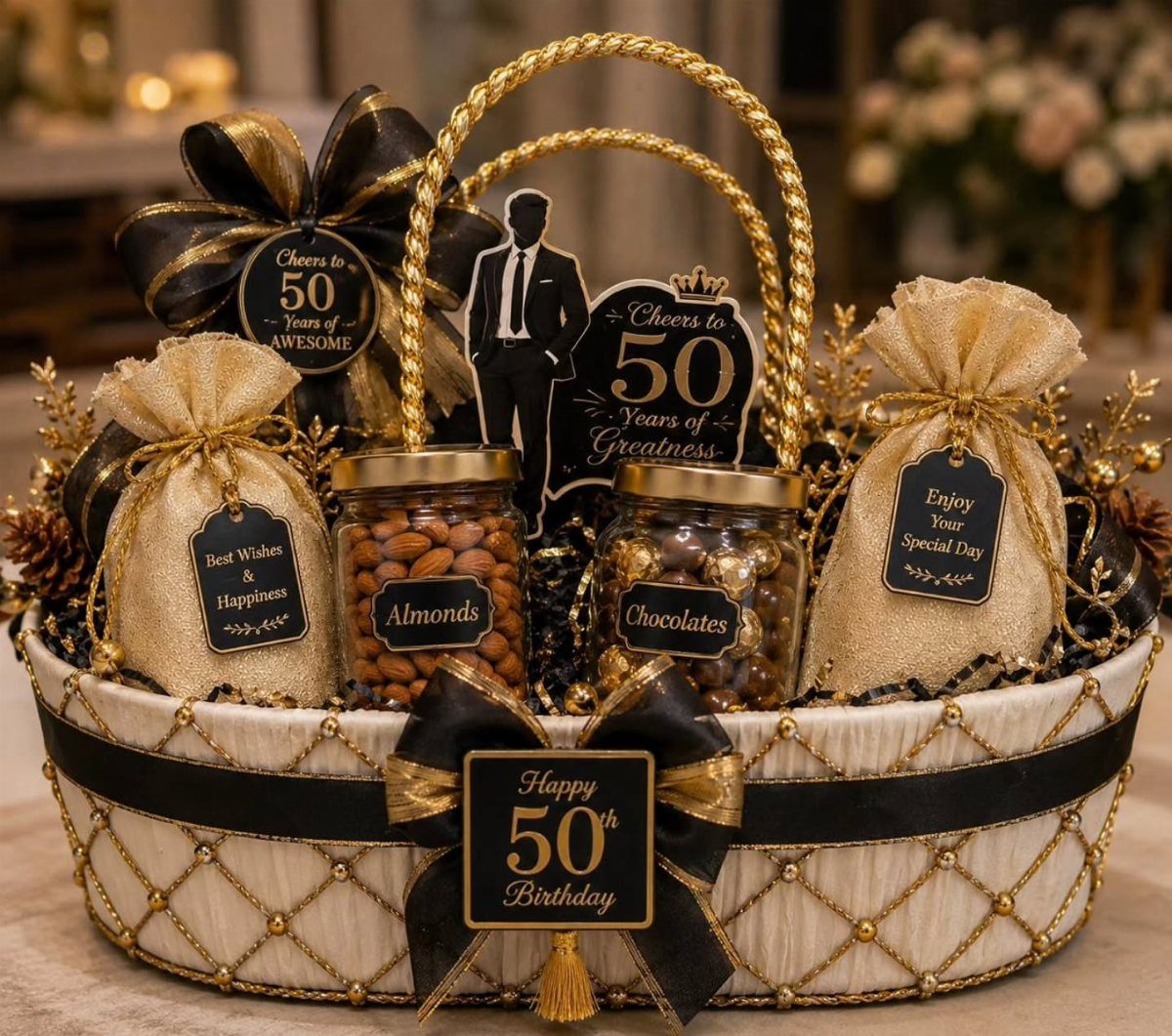 Gourmet food gift basket with almonds, chocolates, and 50th birthday decorations.