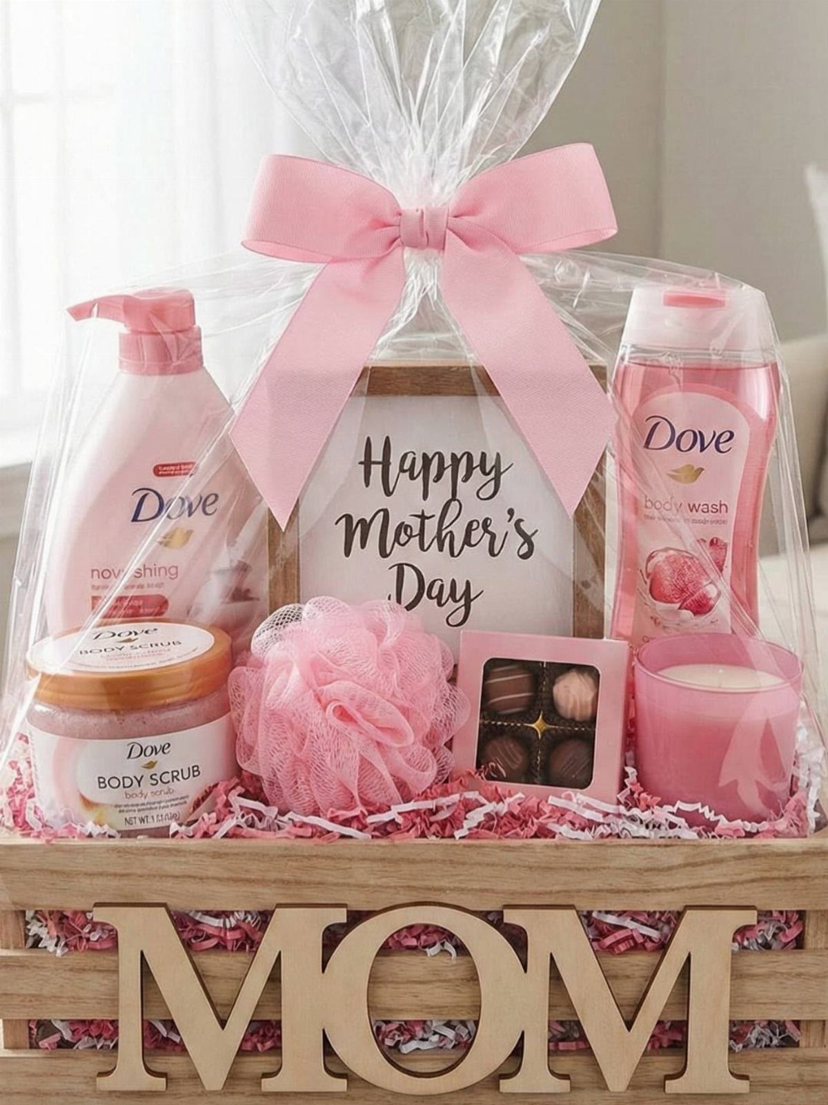 Mother's Day gift basket in a wooden crate with pink bath products and chocolates.