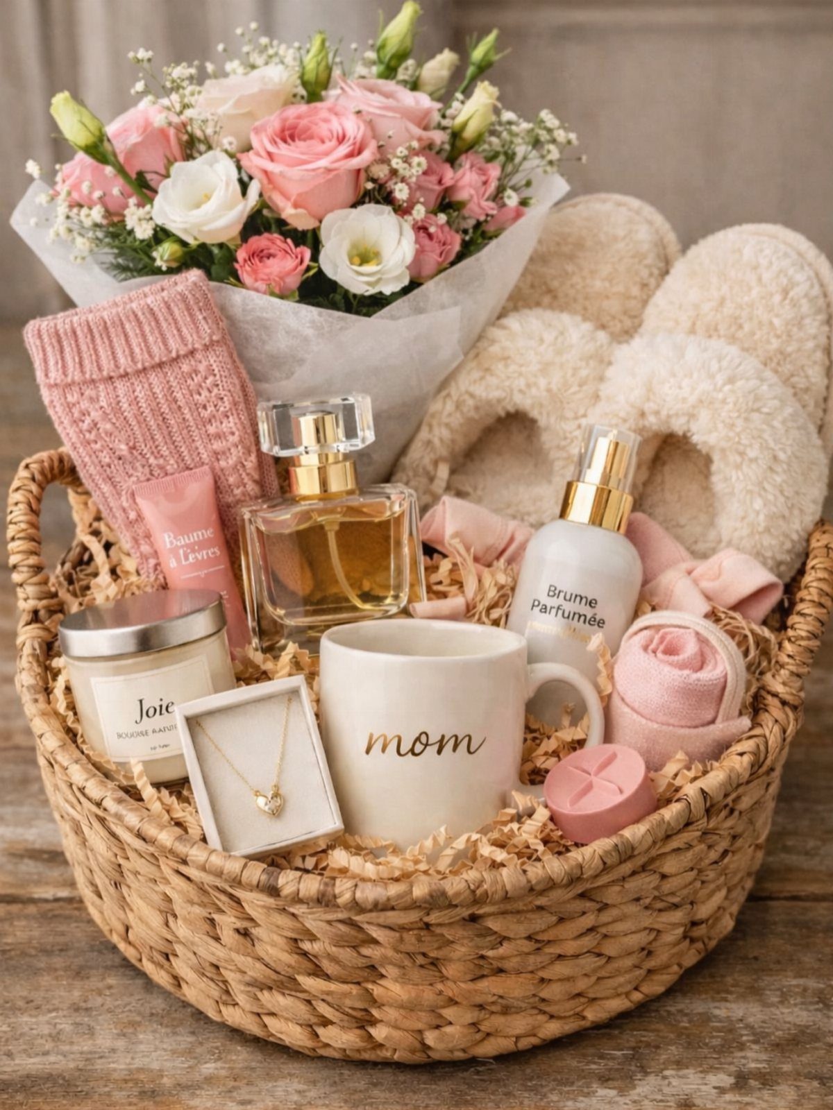 Woven gift basket for mom containing flowers, slippers, a mug, and beauty products.