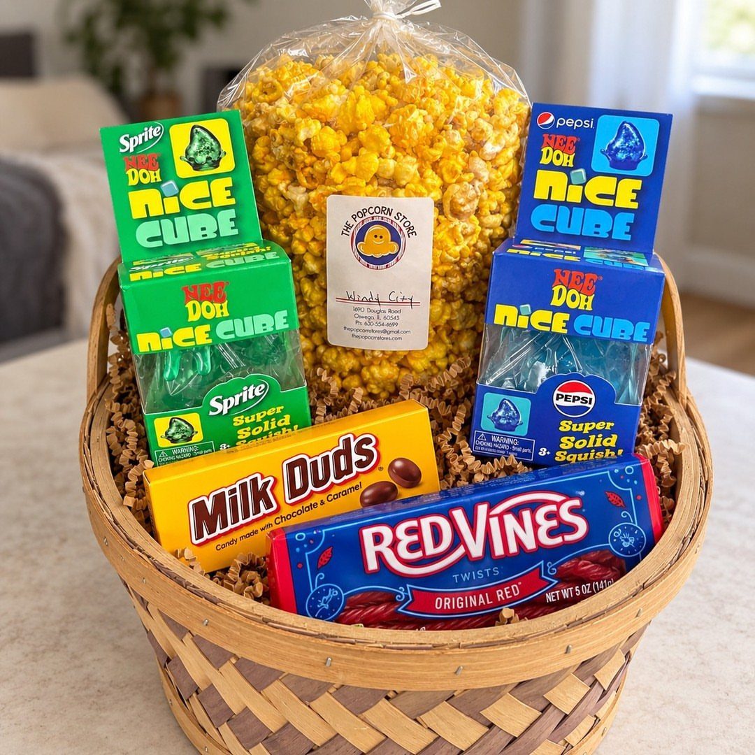Woven basket filled with popcorn, Red Vines, Milk Duds, and toy sets.