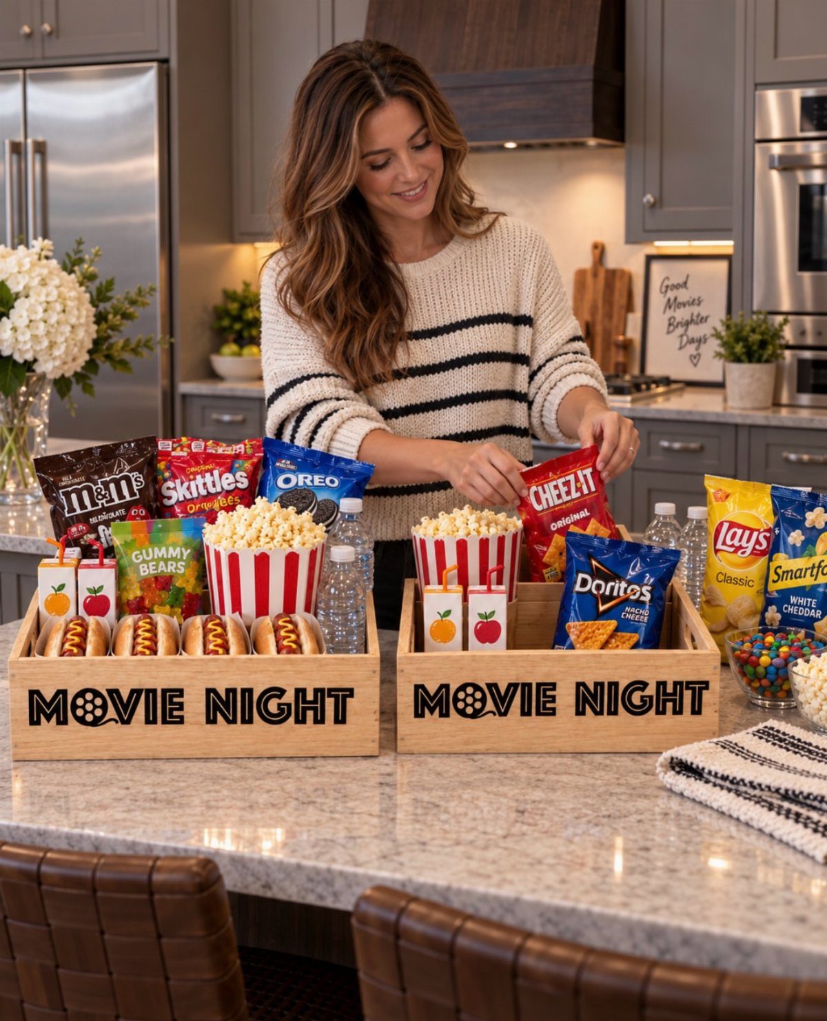 Woman arranging movie night snacks including popcorn and candy in wooden crates.
