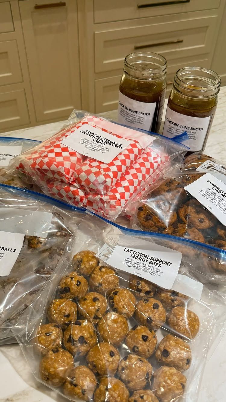 Homemade bone broth, burritos, and lactation energy bites prepared for a new mother.