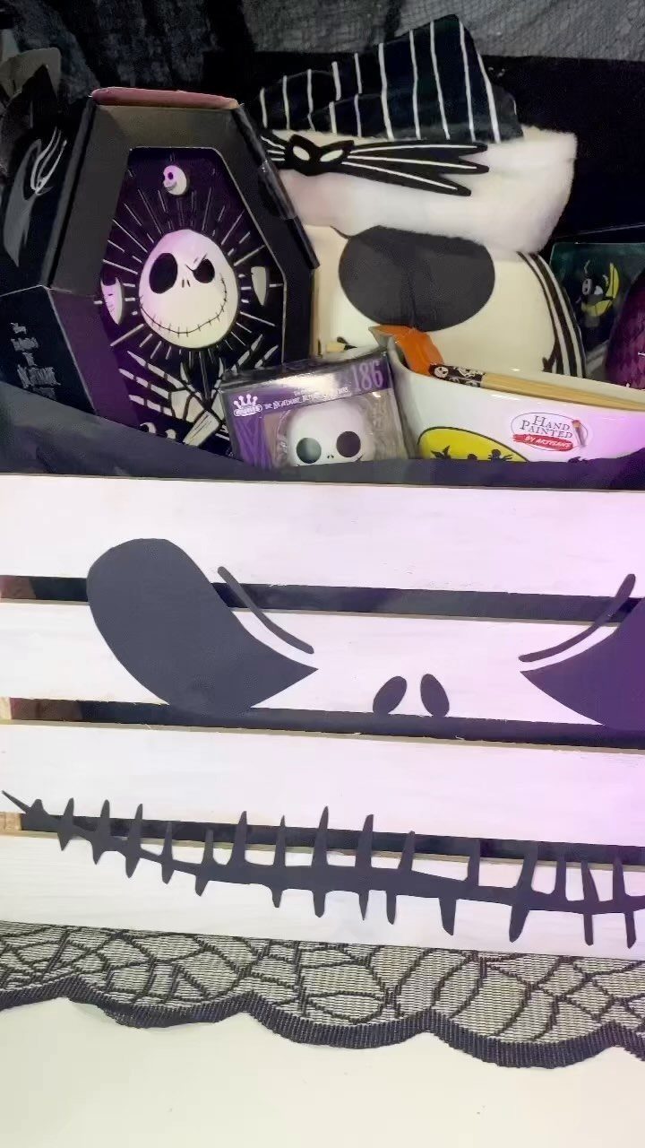 Nightmare Before Christmas gift basket with Jack Skellington themed items and spiderweb lace.