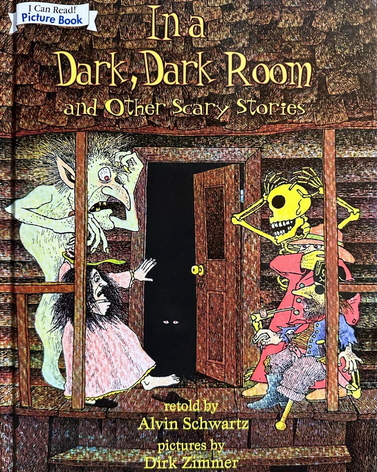 Cover of In a Dark, Dark Room book featuring spooky monsters and characters.