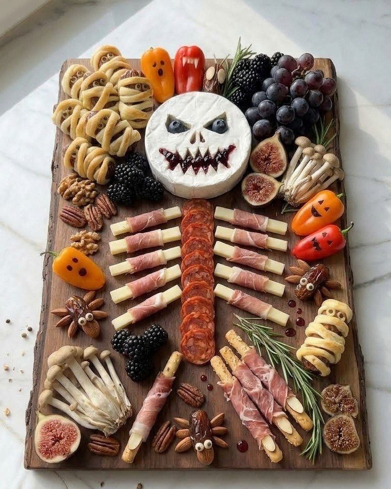 Jack Skellington cheese board with pepperoni body and assorted fruits and nuts.