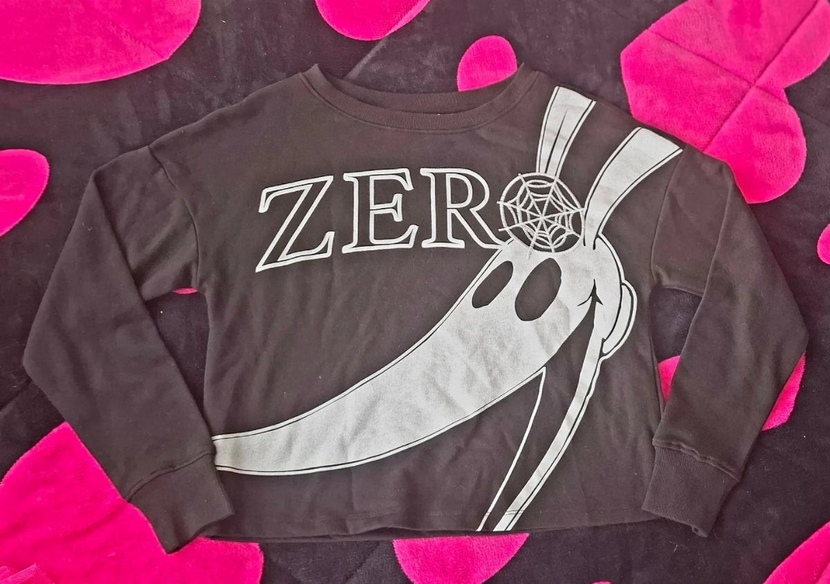 Black pullover shirt featuring a grey graphic of Zero the ghost dog.