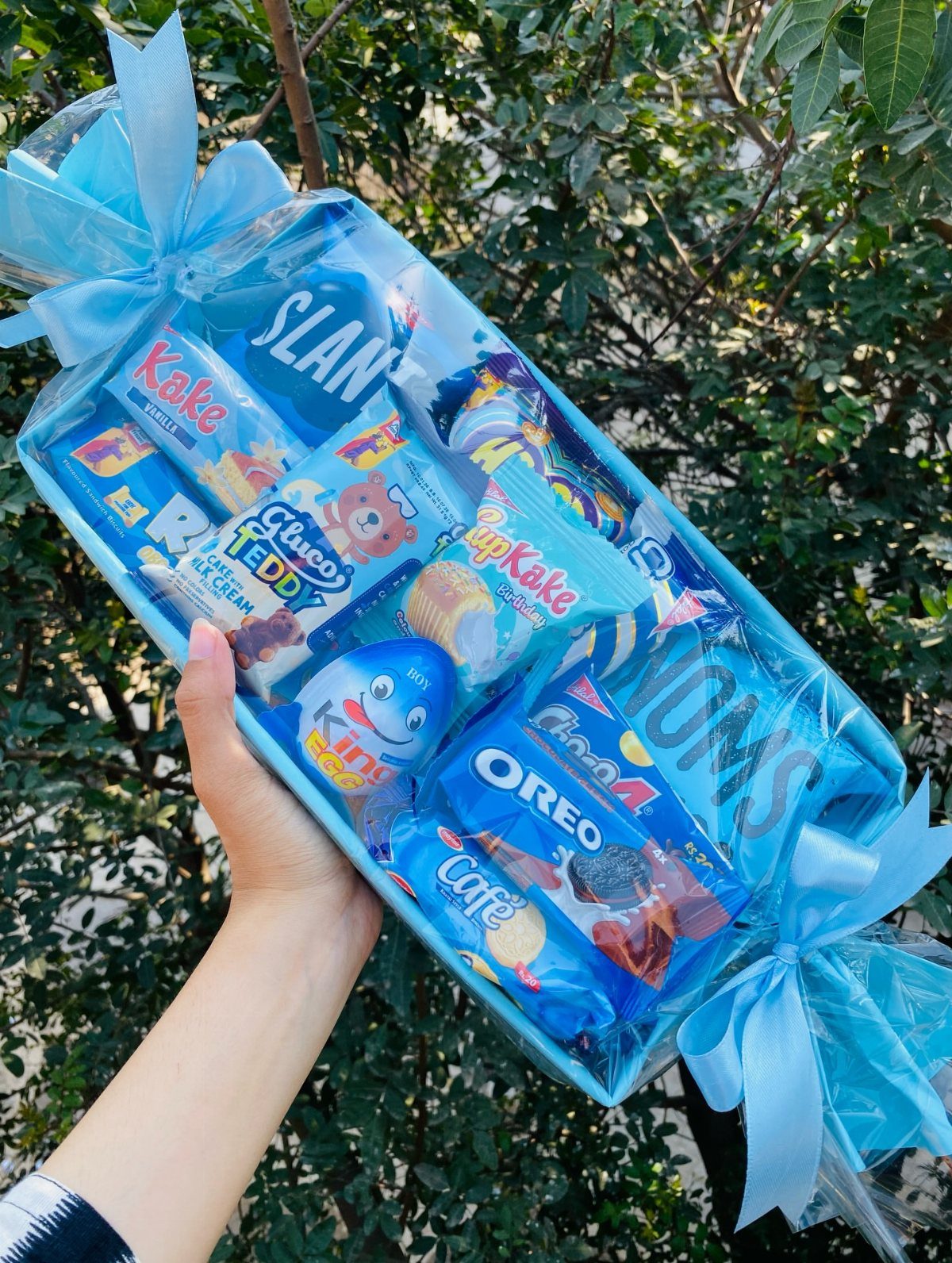 Blue themed snack gift basket wrapped in cellophane held against green leaves