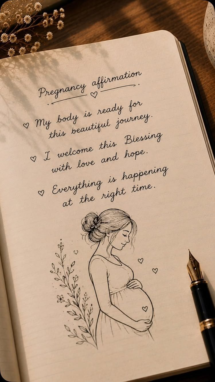 Handwritten pregnancy affirmations and a sketch of a pregnant woman in a notebook.