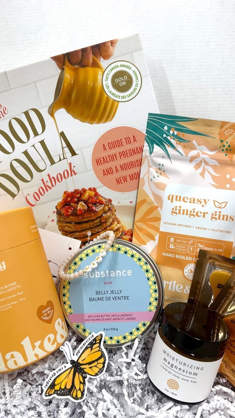 Pregnancy care package with cookbook, ginger candies, belly jelly, and magnesium cream.