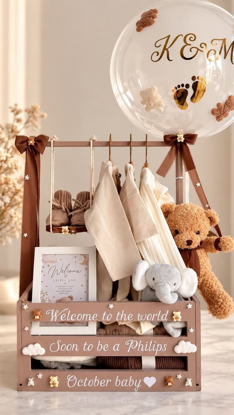 Wooden gift crate with baby clothes, plush toys, and a personalized balloon.