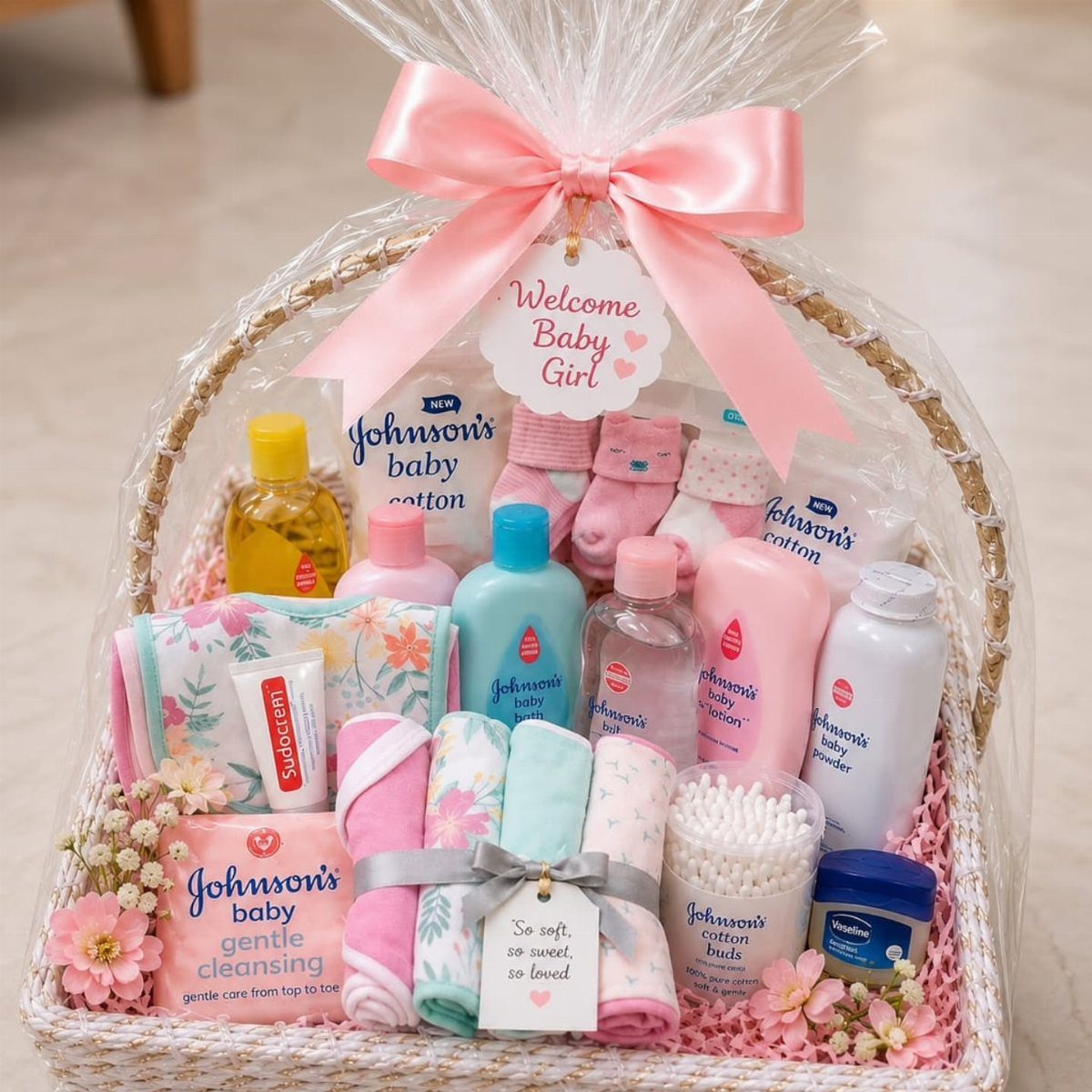 Baby gift basket with pink bow containing lotions, towels, and baby care products.