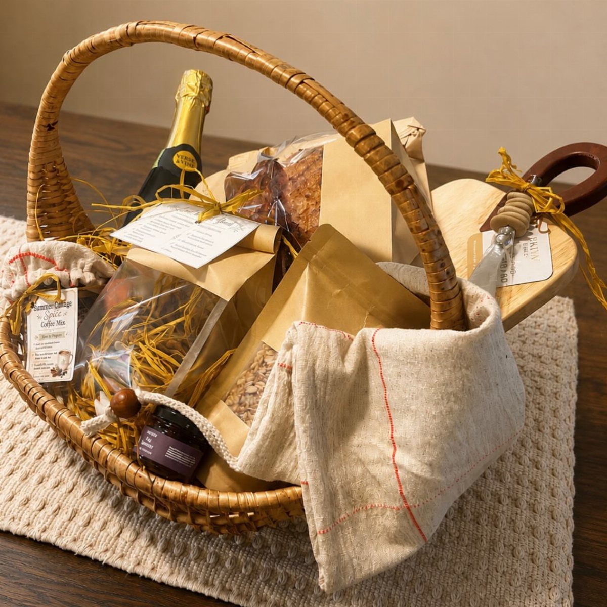 Woven wicker basket filled with champagne, gourmet food packages, and a linen cloth.