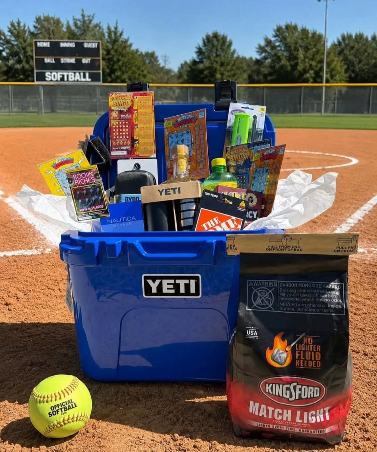 Blue Yeti cooler filled with snacks and charcoal on a softball field.
