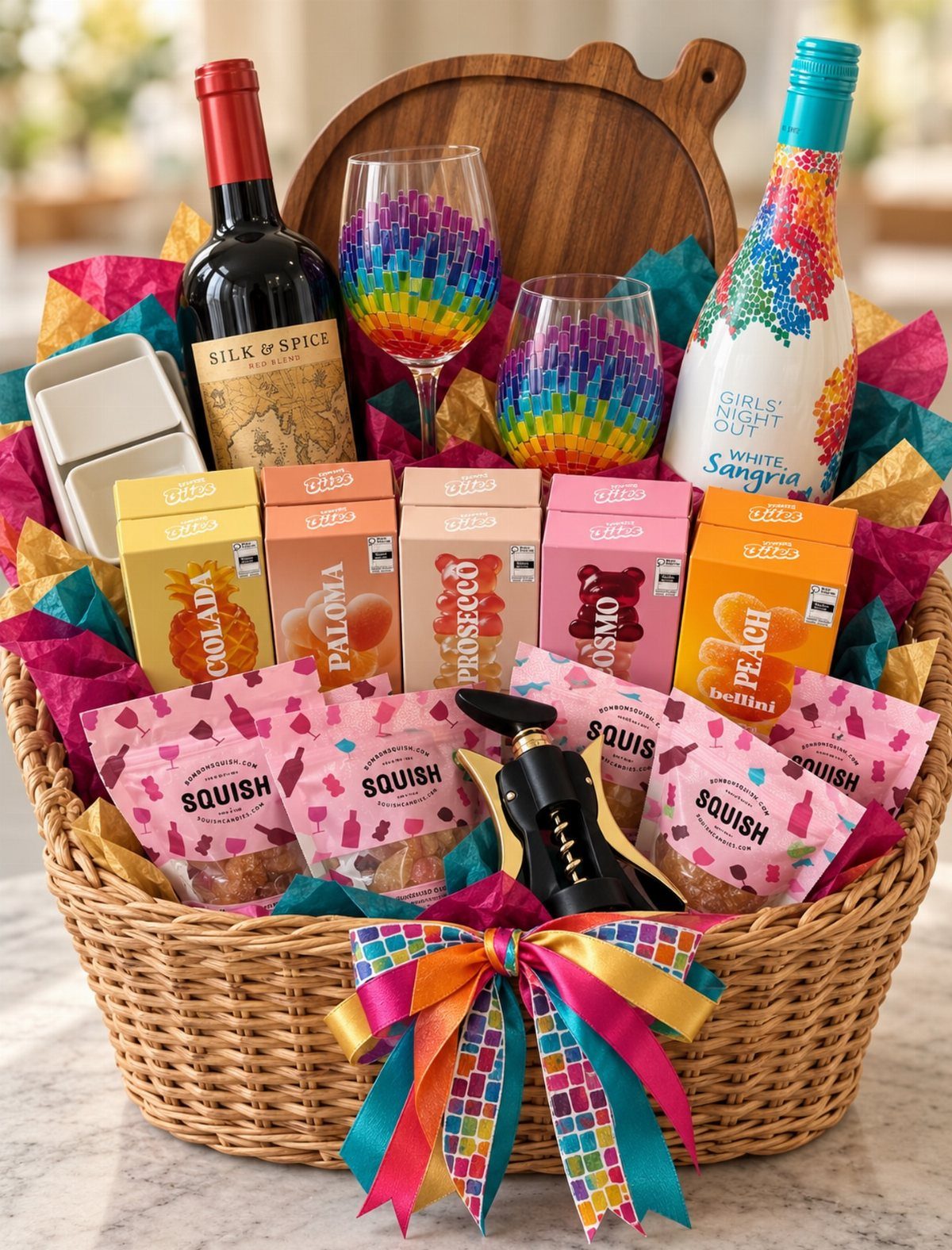 Wicker gift basket containing wine, sangria, colorful glassware, and cocktail mixers with rainbow bow.