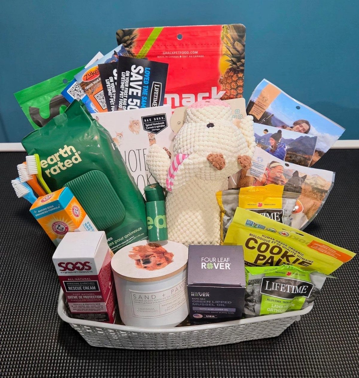 White wicker basket filled with dog treats, toys, and grooming supplies for pets.
