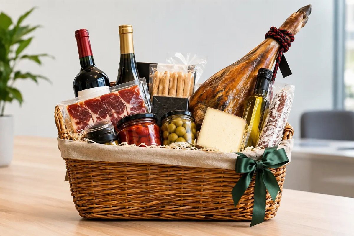 Gourmet gift basket with wine, cheese, cured ham, and olives tied with green ribbon.