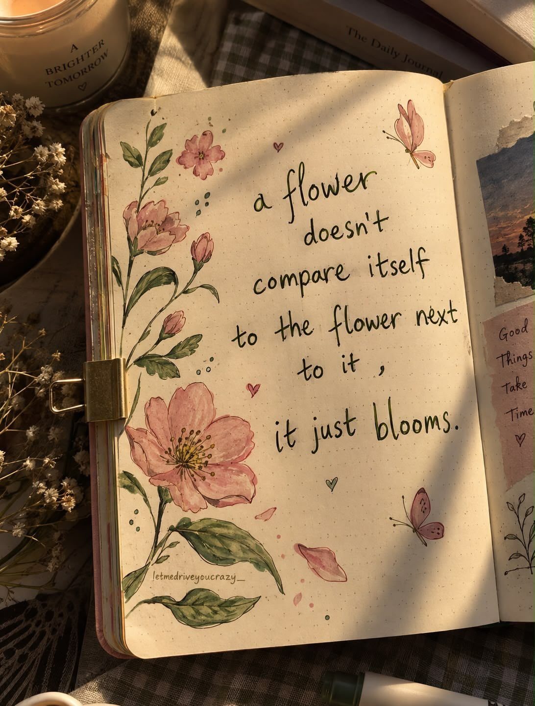 Handwritten quote in a journal decorated with pink flowers and butterflies.