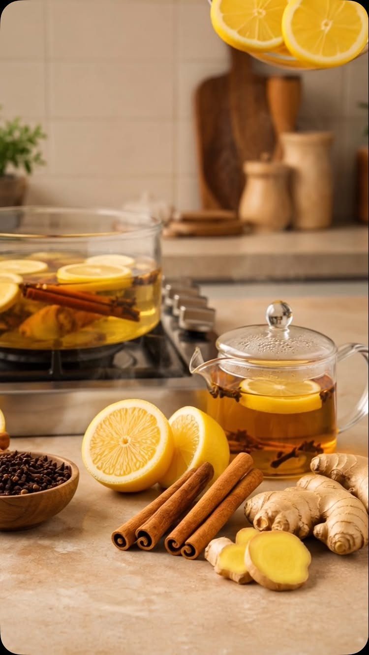 Glass teapot with lemon tea surrounded by cinnamon sticks, ginger, and lemon slices.