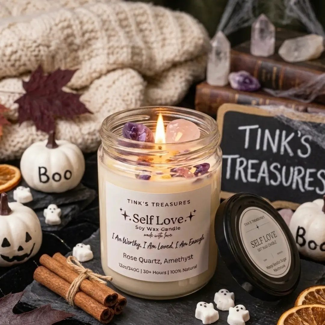 Lit soy wax candle with crystals surrounded by autumn decorations and cozy blanket.