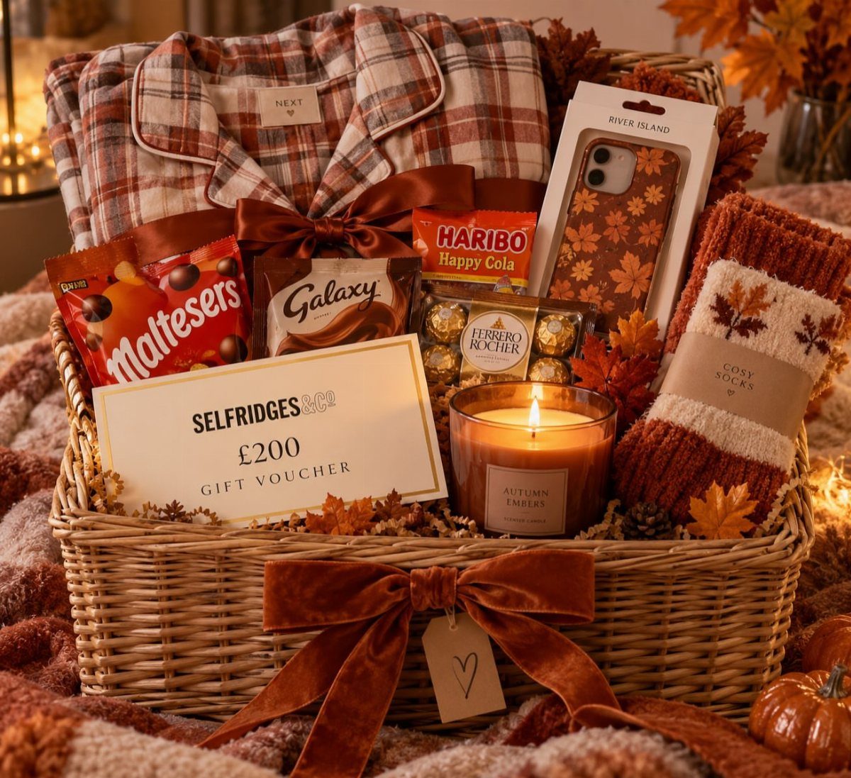 Autumn-themed gift basket with plaid shirt, chocolates, candle, and a gift voucher.