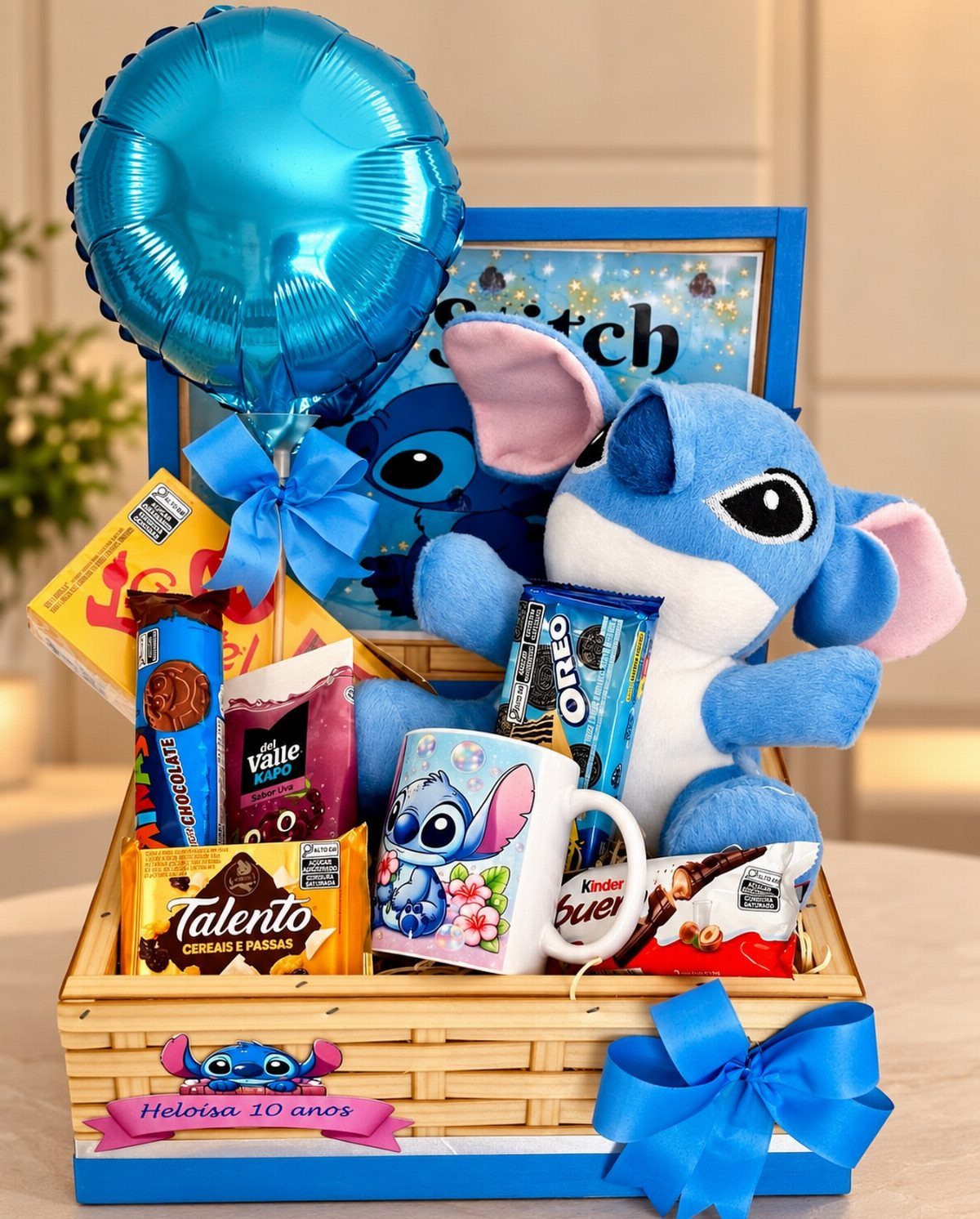 Stitch themed gift basket with plush toy, blue balloon, and assorted chocolates.