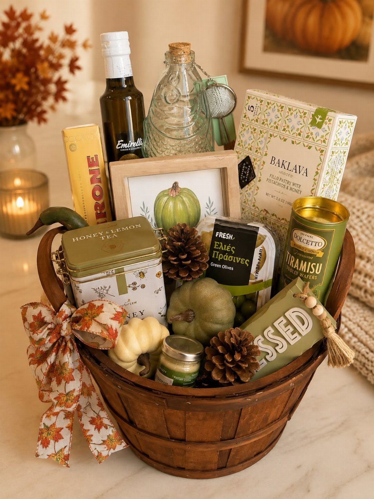 Gourmet food gift basket with baklava, tea, and autumn decorations on marble surface.
