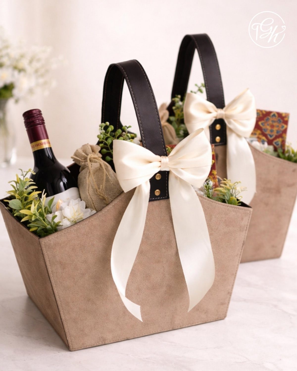 Tan gift baskets with white bows containing a bottle of red wine and greenery