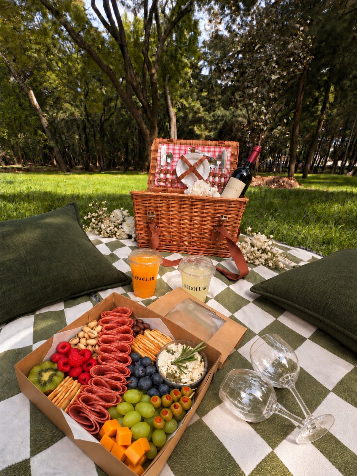 Picnic setup with wicker basket, wine bottle, and charcuterie box on checkered blanket.